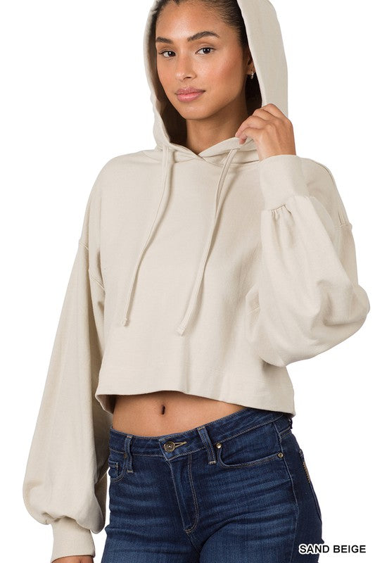 Blue Sky French Terry Drop Shoulder Cropped Hoodie