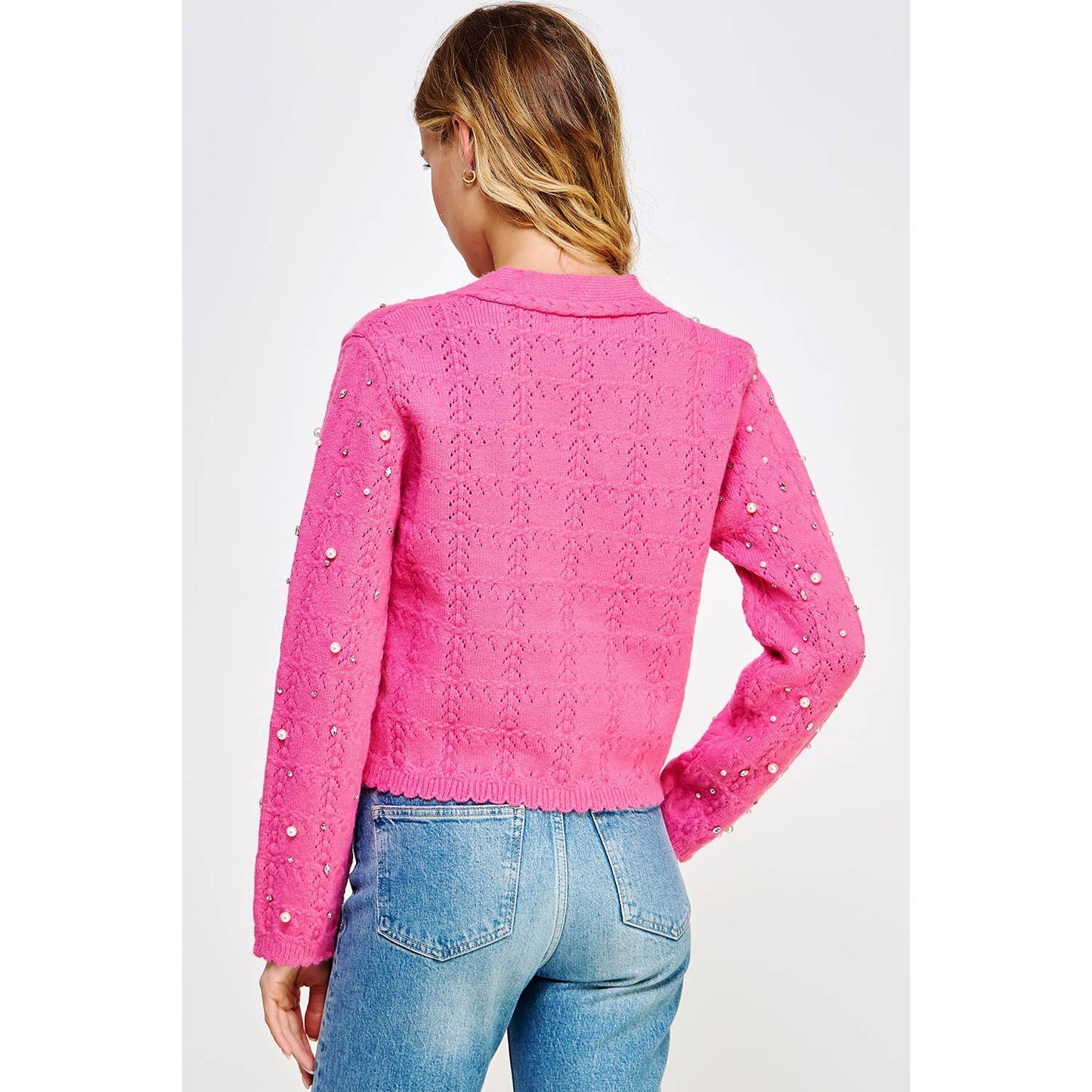 The "NOELLE" Pearl & Rhinestone Embellished Sweater in Pink