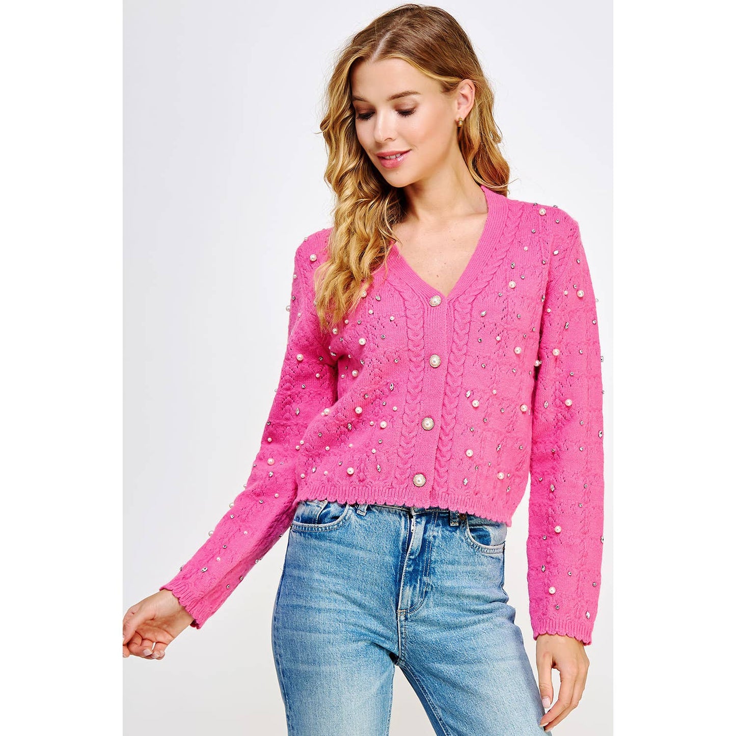 The "NOELLE" Pearl & Rhinestone Embellished Sweater in Pink