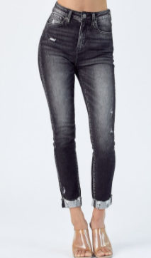 The "RAINBOW"  HIGH RISE VINTAGE WASH BLACK SKINNY JEAN by Risen