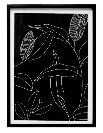Wood Framed Glass Wall Décor with Leaf Line Drawing